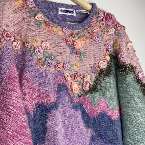 Vintage Pastel Colour Block Knit Sweater w/ Flower & Bead Details - Picture 3 of 9